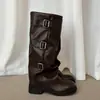 Estilo de Zhang*Ying~Hebilla de cinturón de moda punta redonda tacón bajo caña alta pierna ancha botas de montar botas largas negras para mujer