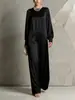 Vestido Largo de Mujer 2026 Nuevo Europeo y Americano de Color Sólido Sedoso con Cuello Redondo, Mangas de Farol, Corte Holgado, Dobladillo Ancho, con Caída