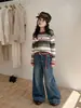 Conjunto de Dos Piezas para Niñas Otoño: Cárdigan de Punto Rayado y Jeans, Nuevo Estilo 2026, Conjunto de Pantalones de Pierna Ancha de Cintura Alta para Niños Medianos y Grandes
