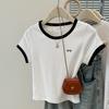 Camiseta Redonda Bordada Color Block de Manga Curta para Mulheres, Verão, Estilo Coreano, Slim, Curta, Transfronteiriça Europeia e Americana da Amazon