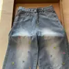 Jeans Feminino Moderno Colorido Bordado de Estrela Bainha Curva Solto Reta Caimento Cintura Alta Emagrecedor Perna Larga