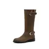Estação Europeia Botas de Cavaleiro Estilosas com Fivela Dupla em Couro de Vaca Outono Inverno Salto Médio Robusto Bico Redondo Couro Genuíno Cano Alto Botas Longas Femininas