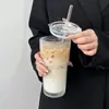Vaso de Vidrio Transparente con Rayas Verticales, Tapa y Popote, Taza Grande de Oficina para Agua para Mujeres, Vaso para Jugos, Taza de Café, Taza de Té
