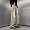 Marca de moda verão rufião bonito micro chifre calças de perna larga jeans lama amarela calças masculinas retas oversize