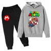 Sudadera con Estampado de Dibujos Animados Mario 2025 para Niños, Conjunto de Manga Larga, Primavera, Niños y Niñas, 2 Piezas Pantalón + Sudadera con Capucha
