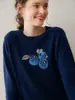 Outono 2026 Novo Suéter de Cashmere Jacquard Mirtilo Gola Redonda Feminino, Caimento Solto, Versátil, Manga Longa, Suéter Quente