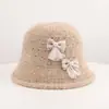 Gorro de punto de lana de alpaca con lazo 3D estilo coreano para mujer, otoño, dulce, cortavientos, cálido, tipo gorro de quita y pon