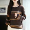 Camiseta Básica de Punto de Ganchillo Calada, Rayas Fair Isle Transfronterizas, Cuello Redondo, Corte Holgado para Mujer, Novedad de Otoño, Top de Punto Versátil