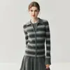 Cardigan de Listras com Gola Polo 100% Caxemira Novo Outono/Inverno Feminino com Efeito Emagrecedor Jaqueta Tricotada com Zíper