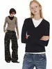 Suéter de tricô V-neck cor de café retrô estilo francês para mulheres, perfeito para o outono, com textura sofisticada e macia, efeito emagrecedor e mangas compridas