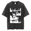 Camiseta Vintage Lavada de Verão 2025 Streetwear Estampa de Anime T-