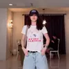 Camiseta Azul Marino con Estampado de Dibujos Animados de Manga Corta para Mujer, Verano, Estilo Nicho, Corte Holgado, Adelgazante, Manga Media, Chic Estilo Hong Kong