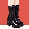 Botas de Moda de Charol con Tacón Alto para Mujer con Cordones 2026 Otoño Cremallera Lateral Botines Plataforma Tacón Grueso Invierno Botas de Media Caña Más Terciopelo