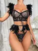 Venta Caliente Europea y Americana Tentación Sexy Patchwork de Encaje y Plumas Conjunto de Lencería Erótica En Stock