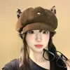 Boina de Pana con Estampado de Leopardo y Orejas de Gato para Mujer, Bonito Sombrero Octogonal para Adelgazar el Rostro para Primavera y Otoño, Sombrero de Artista para Cabeza Grande