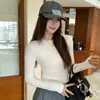 Top Térmico Base de Cachemira Dorada para Mujer Otoño Invierno Nuevo Dulce Picante Chica Hombro Normal Corte Ajustado Manga Larga Camiseta Top para Mujer