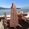 Vestido de Verão Dopamina Colorido Estampado Estilo Boêmio com Gola Uma Linha Sem Mangas de Suspensório Soltinho para Mulheres