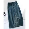Saia Jeans com Barra Irregular Cortada Média Feminina 2025 Outono Efeito Emagrecedor Cintura Alta Nova Roupa Feminina Cobrindo a Medida