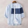 Camisa masculina de linho de manga três quartos com combinação de cores de verão, top casual da moda, linho retrô japonês, casaco fino juvenil