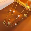 Colar de Pérolas em Camadas Flor de Íris Vintage Longo de Alto Valor Exquisito Versátil Moda