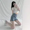 Shorts de mezclilla negros de cintura alta para mujer, verano nuevo, talla grande, para chica gordita, adelgazantes, cubren la barriga, pequeños, en forma de A, de pierna ancha, pantalones cortos hot