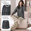 Conjunto de pijama de algodón puro para mujer, de manga larga y pantalón largo, para primavera y otoño, con sujetador incorporado, diseño de dibujos animados, cuello redondo y estilo pullover, adecuado para usar como ropa de estar en casa.