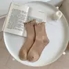 Meias de Cano Médio Khaki Meias Franzidas para Mulheres Verão Finas Tendência Estilo Escolar Japonês Cor Sólida Renda Meias Jk