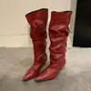 Botas Puntiagudas Plisadas de Tacón de Cuña para Mujer, Botas de Caña Alta Adelgazantes de Moda, Botas Largas Estilo Vintage para Mujer, Botas de Mujer para Principios de Otoño