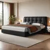 Cama de Cuero Acolchada Cuadrada Moderna, Piel de Vaca de Grano Superior Negra, Cama King de Lujo para Dormitorio Principal, Diseño Minimalista Moderno