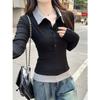 Camiseta de manga larga para mujer estilo coreano, falsa de dos piezas, cuello polo ajustado, para otoño, color negro, corta, simple, nicho, camiseta interior, top, tendencia Ins