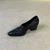 Piel de oveja~ Mocasines de estilo commuter de cuero genuino con punta y tacón grueso para mujer, sin cordones, versátiles, cómodos, planos franceses de tacón alto