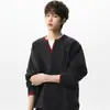 Suéter Falso de Duas Peças Gola V Estilo Americano para Homens, Tricô com Design Color-Blocking High Street de Primavera, Marca Tendência, Roupa de Baixo Casual Estilo Preguiçoso