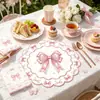 Manteles individuales de papel desechable con estampado de limón y hoja de eucalipto con lazo rosa, manteles individuales redondos de encaje para mesa de comedor