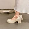 Zapatos de Tacón Grueso Mary Jane de Tacón Alto para Mujer 2023 Nuevos Zapatos Elegantes de una Sola Capa con Tacón Medio Zapatos Pequeños de Cuero Retro Francés