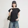 Top de Diseño de Nicho con Pliegues Irregulares Dobladillo Asimétrico Puntiagudo Mangas Cubiertas Cintura Ceñida Textura Adelgazante Camiseta de Manga Corta
