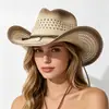 Sombrero de vaquero de paja calada estilo americano, sombrero de paja de ala ancha western transpirable para el verano, sombrero para el sol para exteriores, moderno