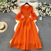 Vestido Estilo Palacio Europeo para Mujer con Diseño de Borla Cuello en V Delgado Largo Vestido Plegado Miyake con Manga de Campana para Mujer