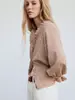 Blusa de rayas de moda con cuello en V y ribete de volantes, mangas tipo linterna y un diseño simple, casual y elegante, perfecta para el trabajo o para el uso diario.