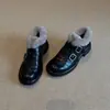 Sapatos Peludos de Tira Dupla Estilo Britânico de Nicho, Novo Estilo Outono e Inverno 2026, Sapatos de Couro com Forro de Lã, Sapatos de Salto Bloco de Salto Único, Sapatos de Algodão Femininos