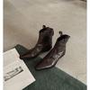En Stock Estilo Celebridad de Internet Modelo Nuevo Vacaciones en Londres ~ Botines Vaqueros Arrugados de Tobillo Elegantes con Punta Aguda, Corte en V, Adelgazantes, Tacón Grueso para Mujer