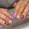 Laço vinho rosado unhas quadradas curtas com bolinhas e listras manicure francesa estilo menina doce retrô unhas postiças