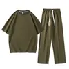 Traje de Moda Americano Duas Peças Gola Redonda Masculino Novo Primavera Casual Calça Longa Marca Tendência Transfronteiriça Manga de Cinco Pontos Branco