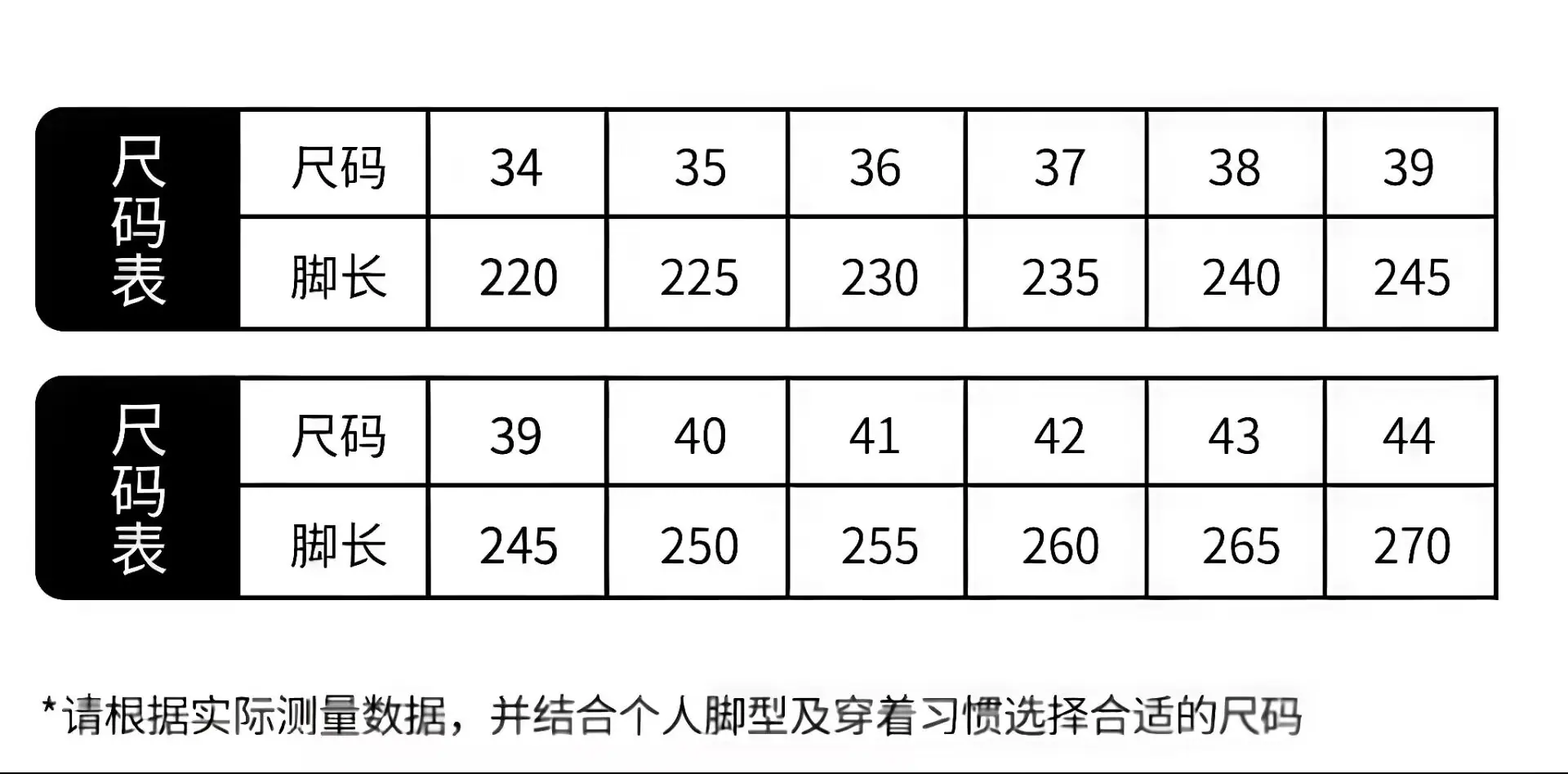 尺码表