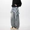 Falda de Estilo Retro Americano a Cuadros con Estampado de Tinta Salpicada Jeans Cimitarra Diseño Unisex Holgado Caída Recta Casual Pantalones Largos