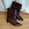 Botines plisados de punta fina retro, tacón de aguja, botines apilados para mujer, nuevo estilo 2026, adelgazantes y elegantes, botas western de pierna ancha