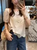 Camisa de manga abullonada con bordado y ribete de encaje estilo coreano para mujer, verano 2026, blanca, corte holgado, adelgazante, elegante top de manga corta