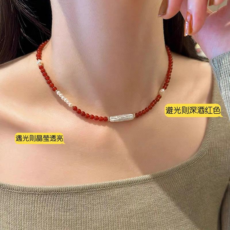 巴洛克天然淡水珍珠项链女红玛瑙串珠小众百搭高级感新