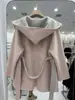 Nuevo Abrigo de Lana de Doble Cara de Color Contrastante para Otoño e Invierno 2025 Chaqueta Albornoz Suelta de Lana con Capucha Ajustada Ropa Femenina Transfronteriza