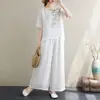 Traje Retro Estampado de Algodón y Lino para Mujer Verano Pulóver Manga Corta Ligero Pantalones de Pierna Ancha Top Adelgazante y Pantalones Traje de Dos Piezas