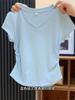92 Algodão 8 Elastano azul claro Ombro Manga Curta Camiseta Feminina Nova Verão Cintura Franzida Emagrecimento Curta Spice Girl Top